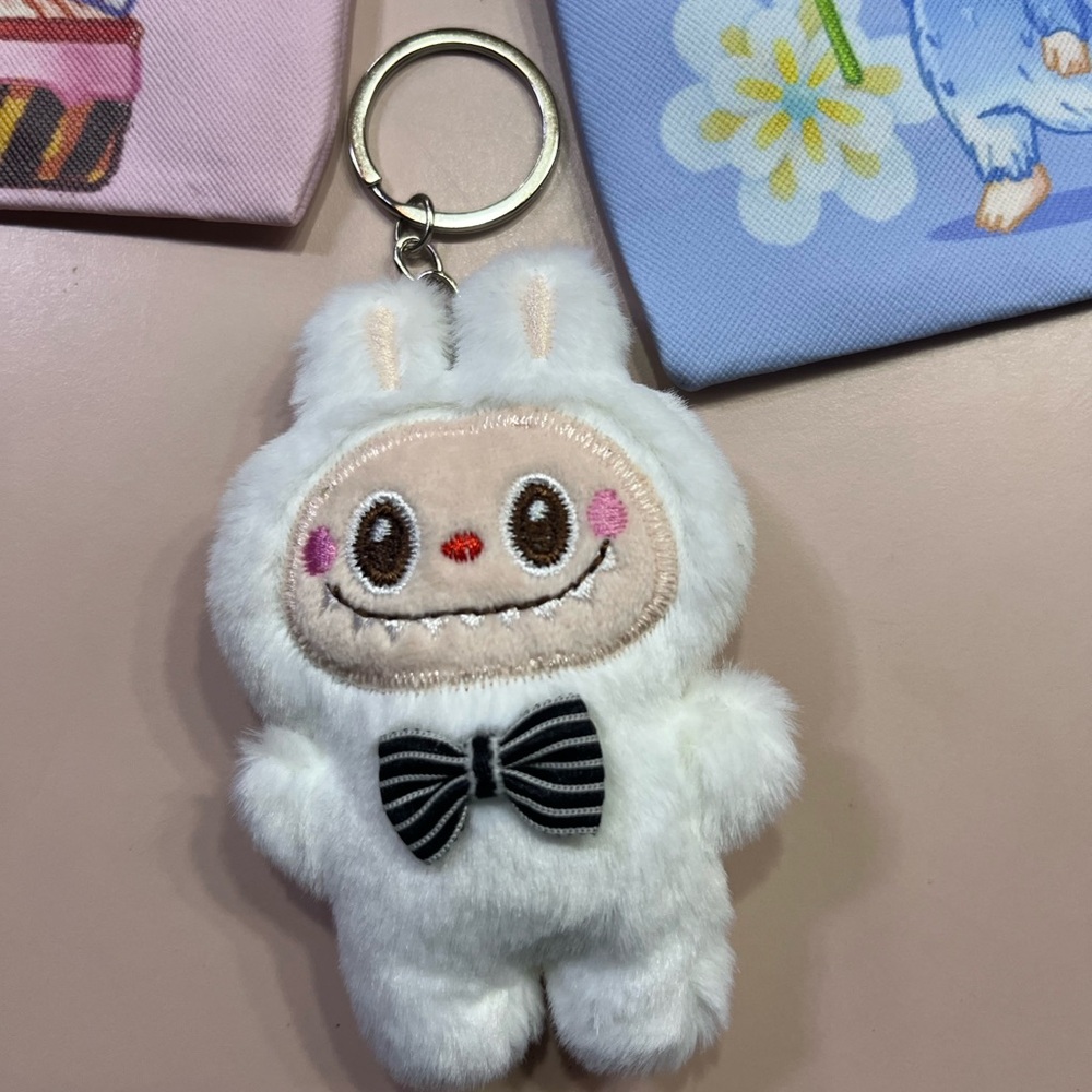 Labubu Monster Keychain Cute White Plush Keychain with Bow Tie